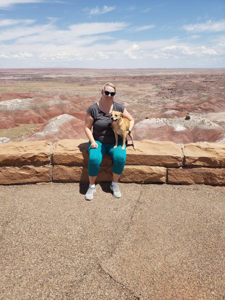Allie and a small tan dog sitting on a stone wall overlooking Arizona's Painted Desert
