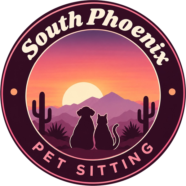 South Phoenix Pet Sitting logo: a round badge with a desert sunset, saguaros, and a dog and cat sitting side by side